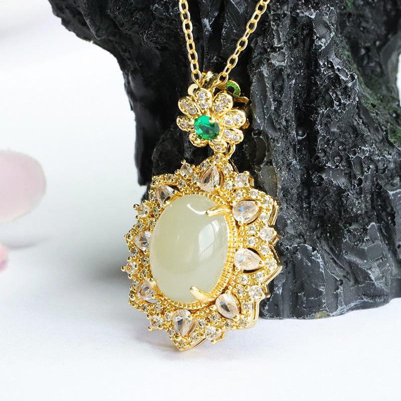 Hetian Jade Zircon Flower Pendant Jewelry Oval Pendant