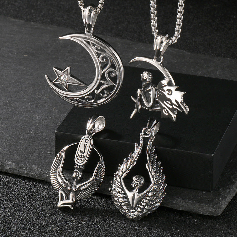 Planderful Retro Mens Titanium Steel Necklace Wings Pendant