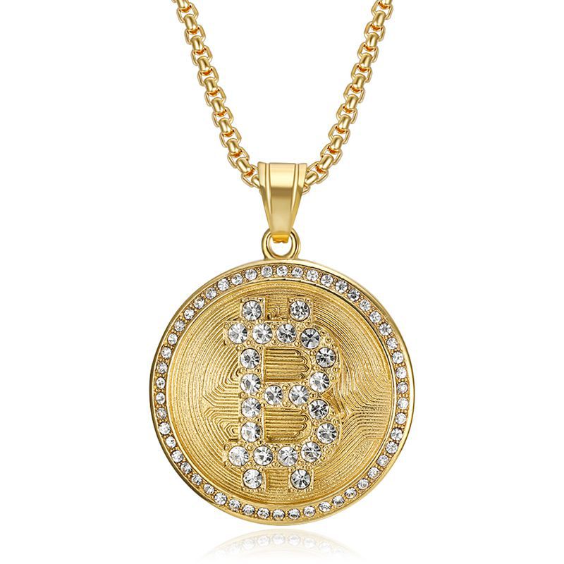 Planderful Bitcoin Pendant Gold Plated Steel Rhinestone Necklace for Hip Hop Fans Statement Accessory