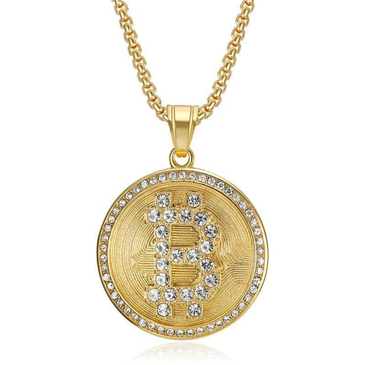 Planderful Bitcoin Pendant Gold Plated Steel Rhinestone Necklace for Hip Hop Fans Statement Accessory