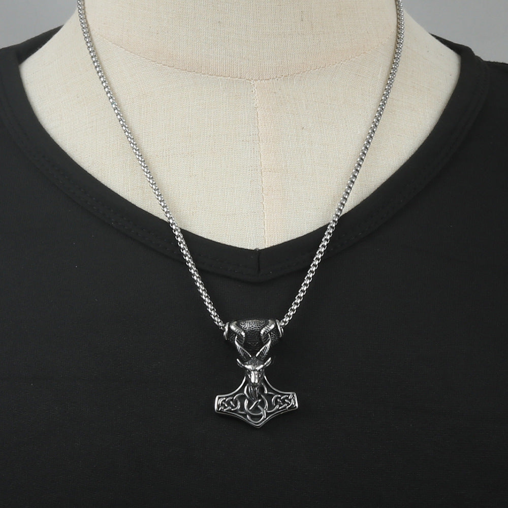 Titanium Steel Thor Hammer Pendant Necklace for Men - Retro Punk Animal Antelope Design