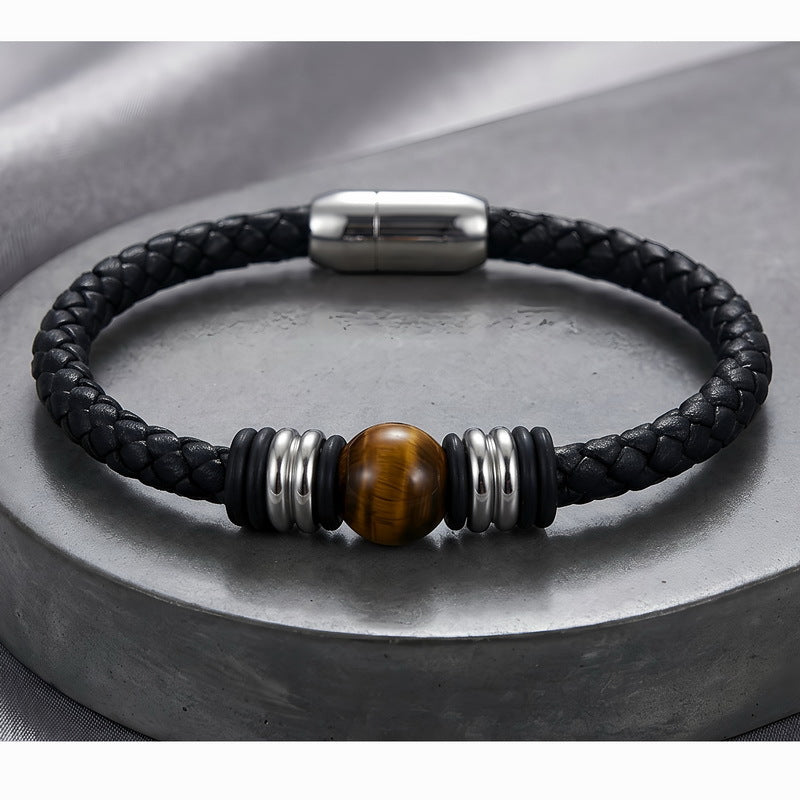 Woven Leather Rope Bracelet Tiger's Eye Stone Lapis Lazuli Magnetic Buckle Stainless