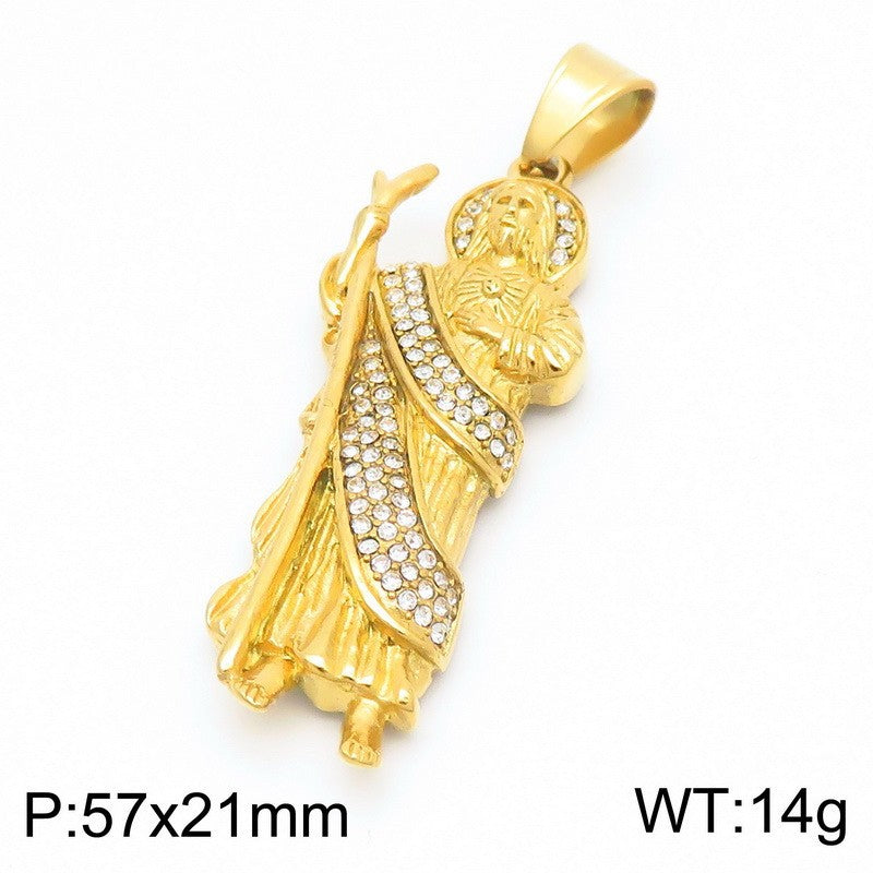 Stylish Zircon Necklace, Vintage Vacuum Plated St. Jude God Titanium Steel Pendant For