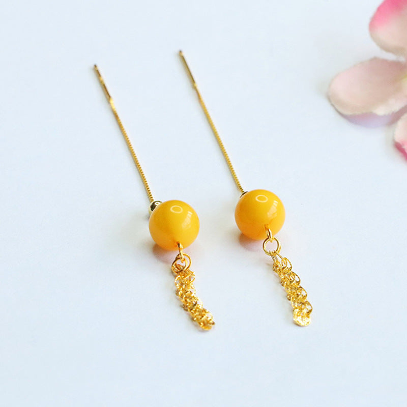 Yellow Beeswax Amber Wheat & Phoenix-Tail Threader Earrings