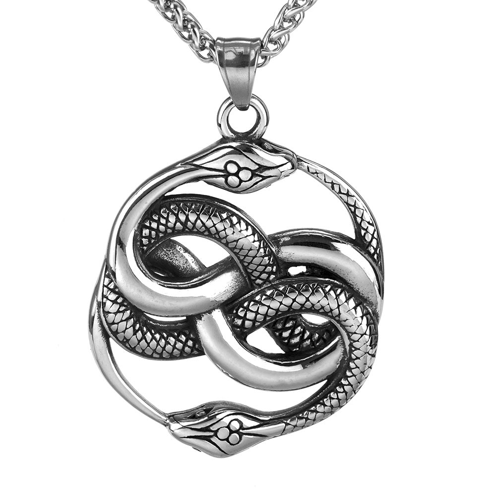 European And American Jewelry Wholesale Titanium Steel Men's Pendant Necklace Retro Double Snake Hip Hop Style