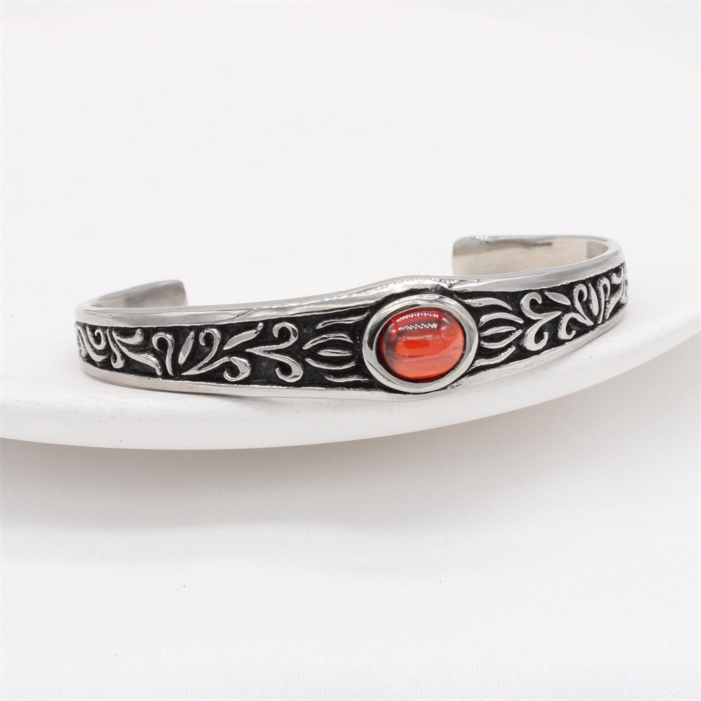 Planderful Everyday Genie – European and American Retro Red Stone Men's Titanium Steel Bracelet