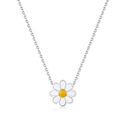 Sterling Silver Forest Daisy Necklace with Enamel Collar Chain for Women