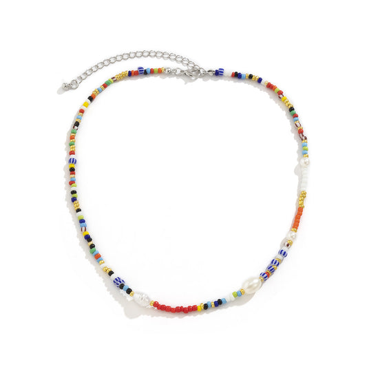 Planderful Vienna Verve Beaded Necklace For Women With Contrasting Color Beads Geometric Imitation Pearl Statement