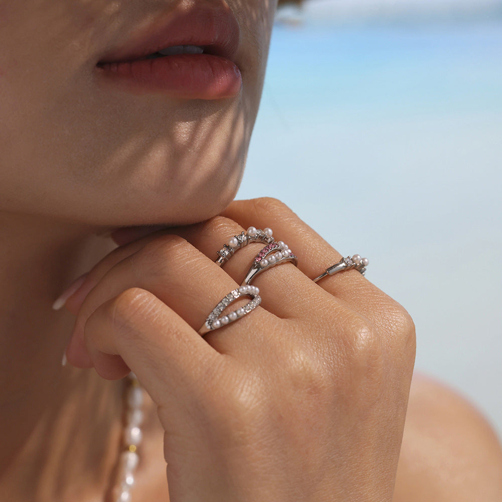 Planderful Bead Zircon Ring For Women Stainless Steel Size 7