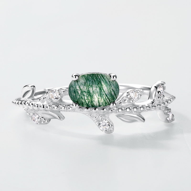 Planderful Everyday Genie – Cross-border New Fashion Simple Olive Branch Ring Women's S925 Sterling Silver Inlaid Green Moss Ring Niche Design Jewelry