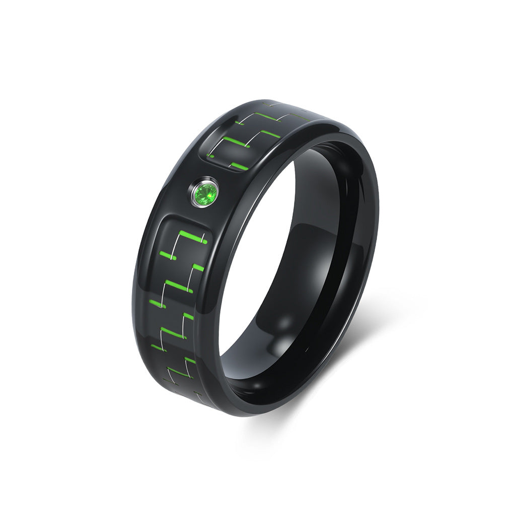 Stainless Steel Zircon Carbon Fiber Ring Men's