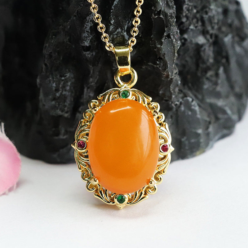Golden Amber Honey Wax Zircon Pendant with Sterling Silver Needle
