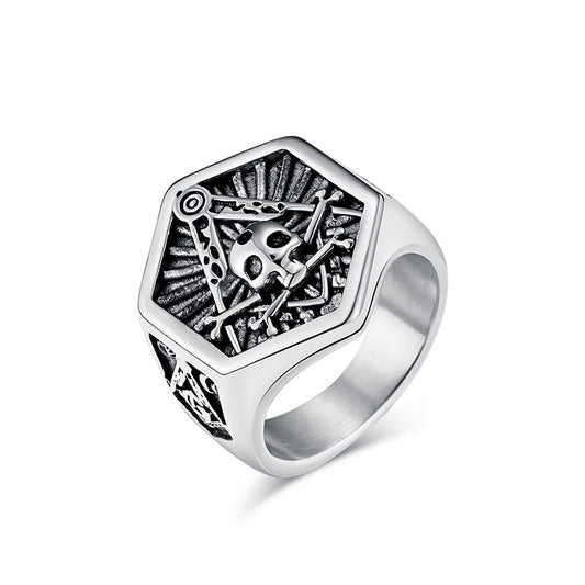 Planderful Titanium Skull Ring For Men Freemasonry Inspired Hip Hop Style Skull Brotherhood Punk Jewelry