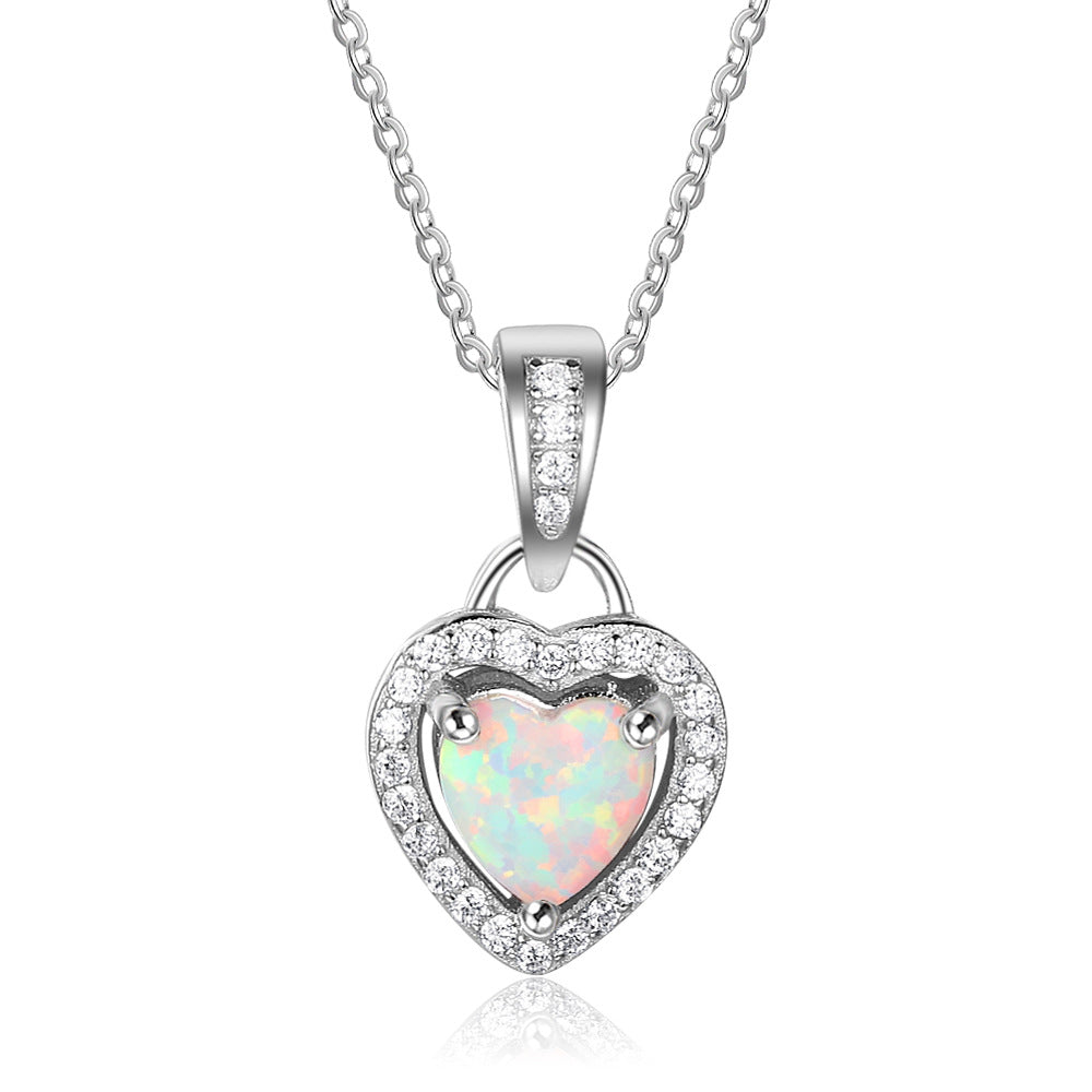 Planderful Jewelry Opal Heart Necklace In Sterling Silver With Zircon Accent For Modern Everyday Wear