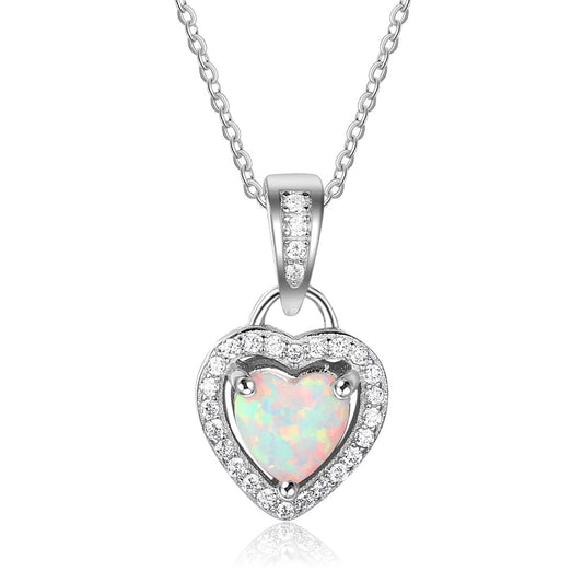 Planderful Jewelry Opal Heart Necklace In Sterling Silver With Zircon Accent For Modern Everyday Wear