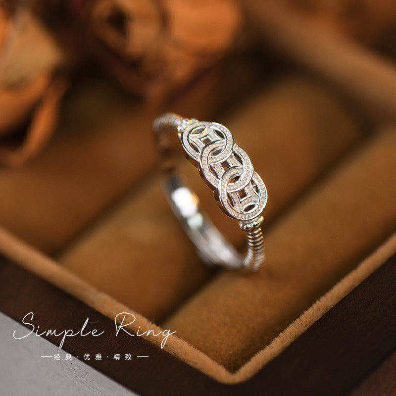 Planderful Coin Ring Retro Women's S925 Sterling Silver Lucky National Style Rich in Hand Copper Coins Fashion Ring Adjustable