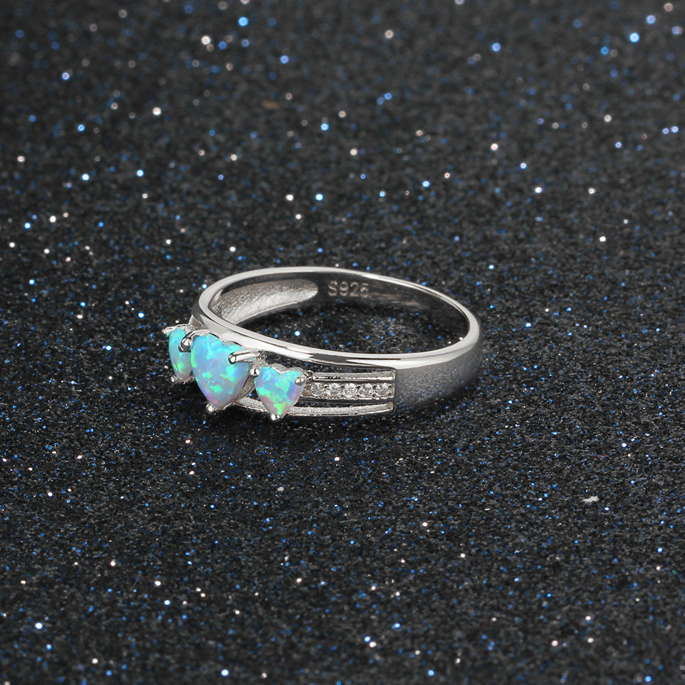 Planderful Jewelry Sterling Silver Opal Ring With Three Hearts Blue Opal Inlay, Elegant Gift