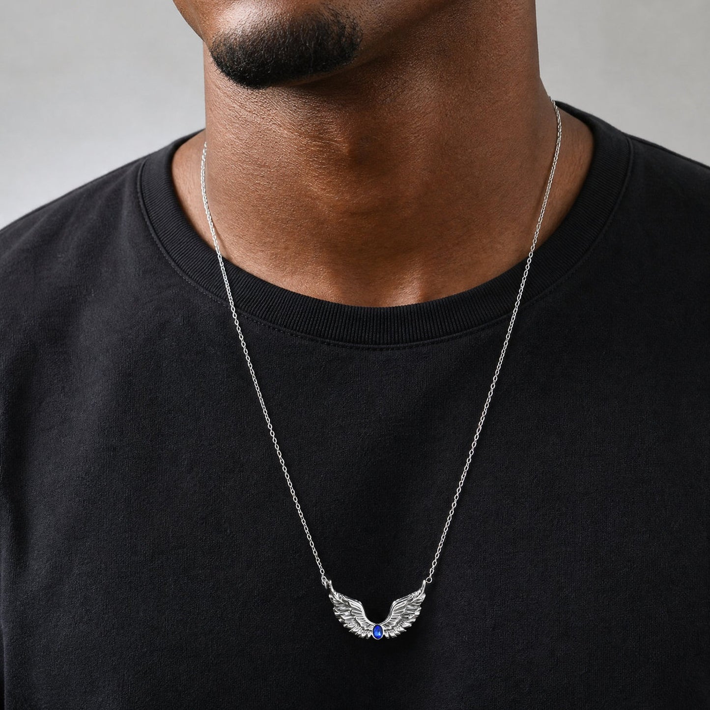 Style Men's Stainless Steel Black Zirconium Feather Wing Necklace Punk Stacked
