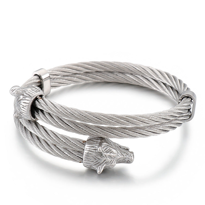Steel Wire Double Wolf Head Titanium Steel Men's Bracelet