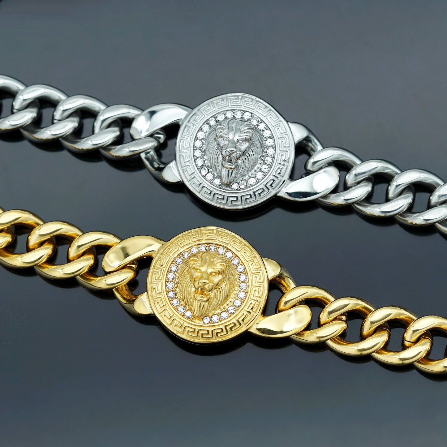Planderful Stainless Steel Great Wall Pattern Lion Head Disc Cuban Chain Bracelet Unisex Protection Statement