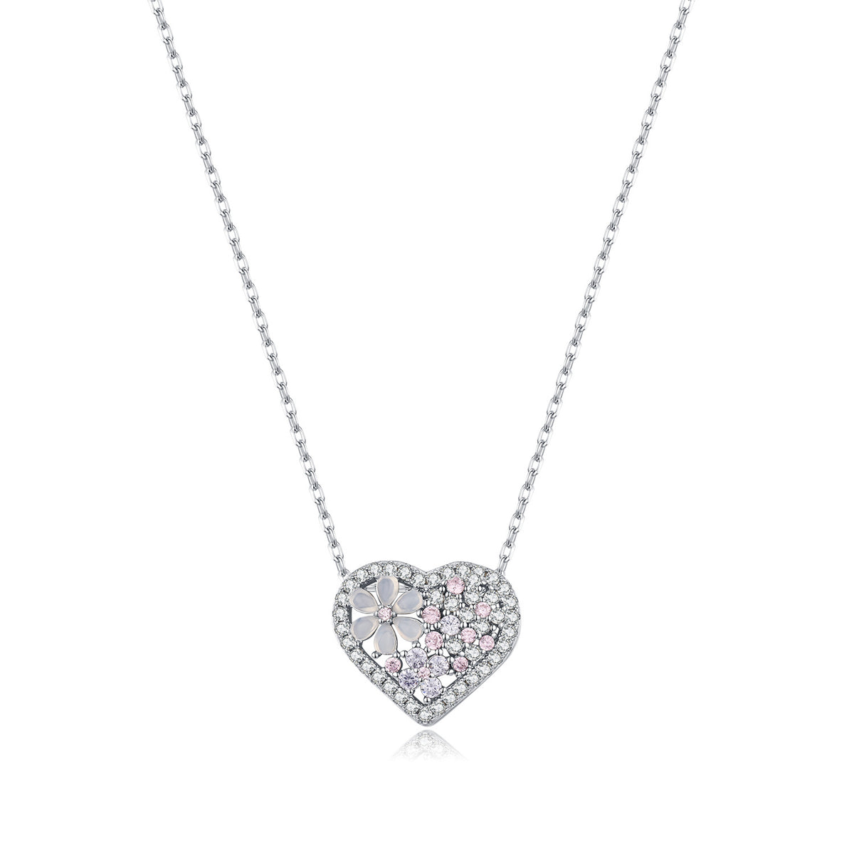 925 Sterling Silver Floral Heart Zircon Necklace
