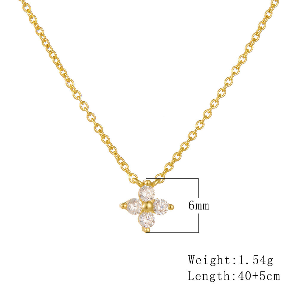 925 Sterling Silver Plated 14k Gold Inlaid Zircon Four-Leaf Clover Flower Pendant Necklace Daily