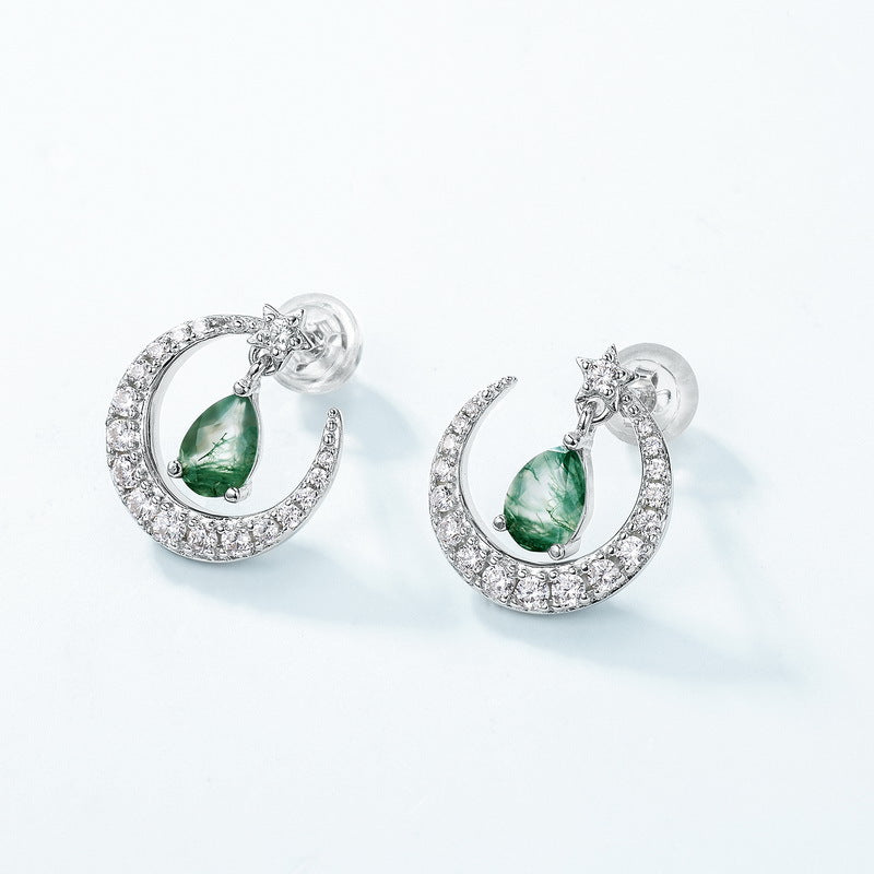 S925 Sterling Silver Moss Agate & Zircon Crescent Moon Stud Earrings