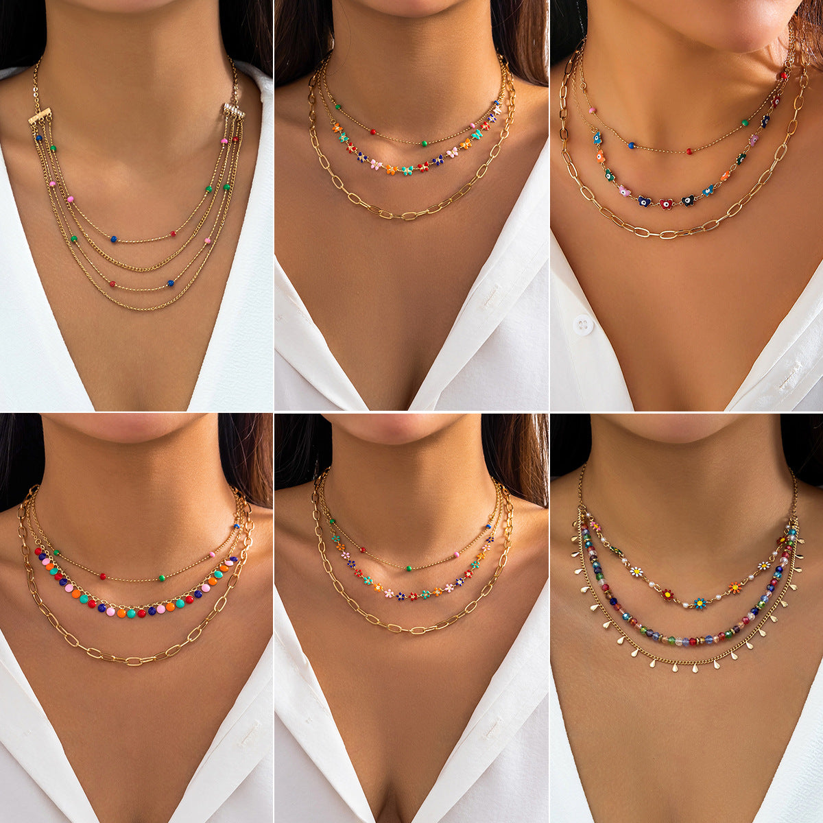 Colorful Oil Dropping Butterfly Eyes Necklace with Cross Pendant and Collar Chain for Women in Europe and America