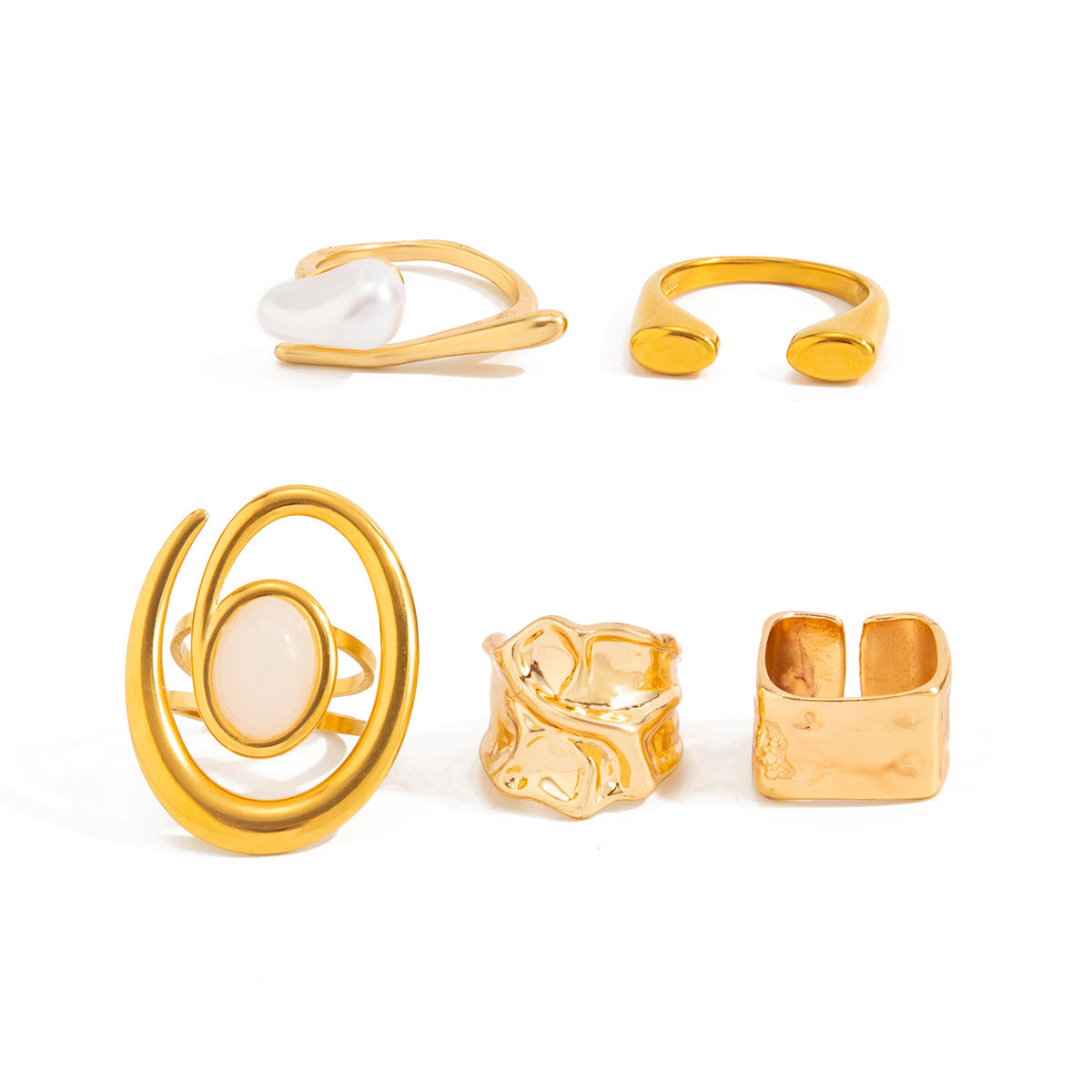 Planderful Vienna Verve Stacking Imitation Pearl Ring Set Retro Hammer Texture Jewelry For Women