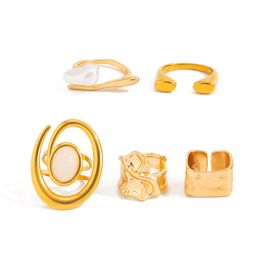 Planderful Vienna Verve Stacking Imitation Pearl Ring Set Retro Hammer Texture Jewelry For Women