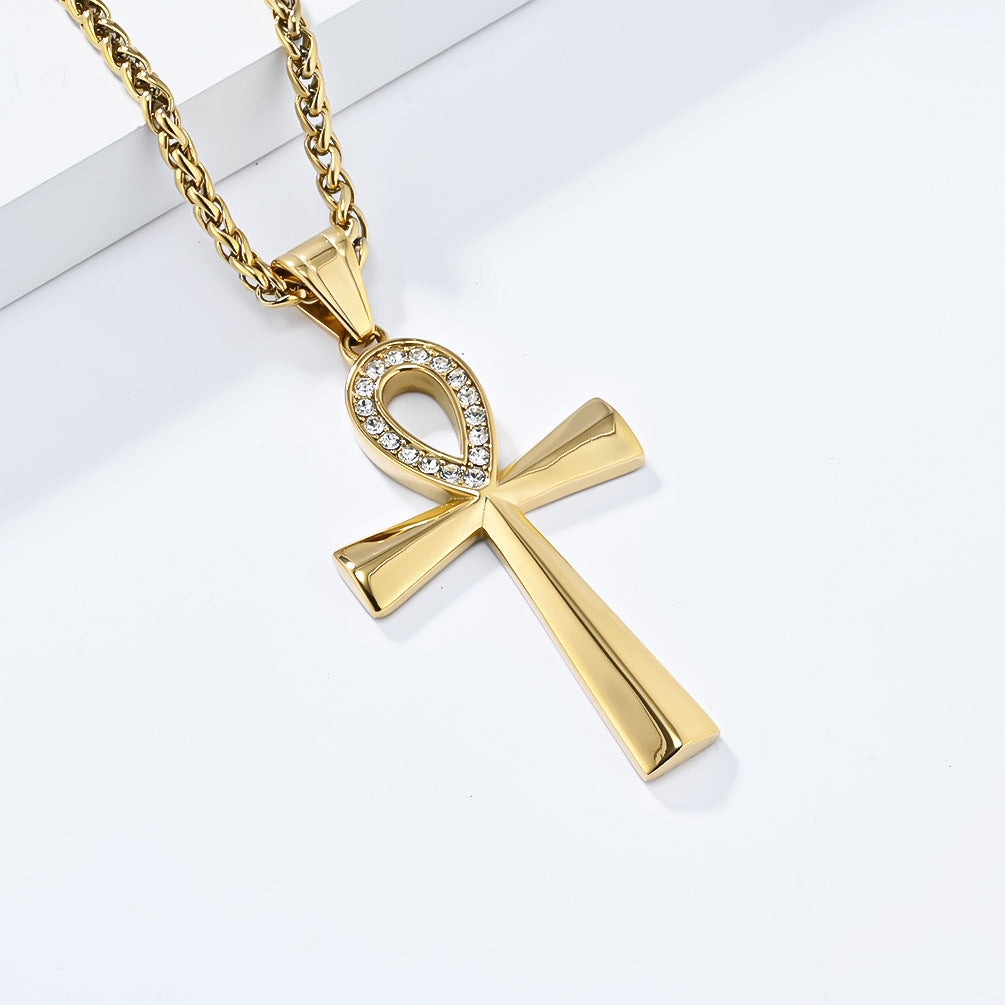 Planderful Ankh Zircon Cross Necklace For Men Titanium Steel Pendant With Inlaid Zircon Stones