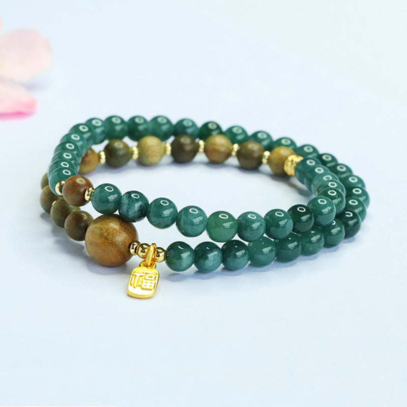Blue Water Jadeite Green Sandalwood Style 2 Beaded Bracelet