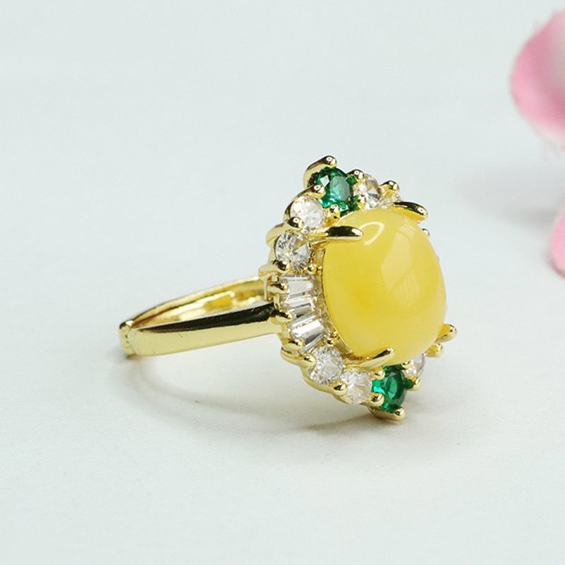 Ethnic Style Sterling Silver Ring with Amber Yellow Beeswax Zircon in Oval Shape