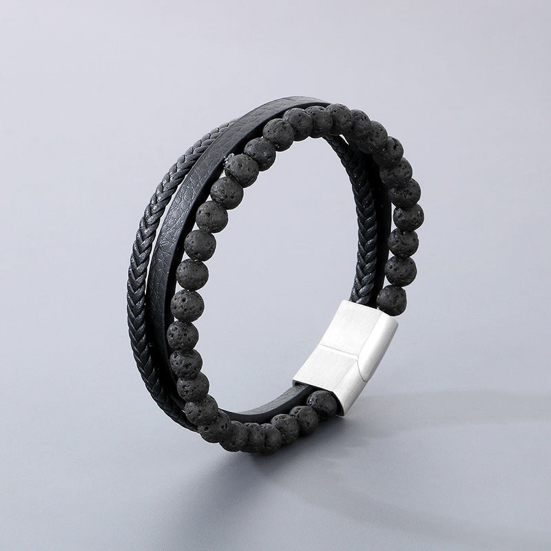 Planderful Men Beaded Leather Stainless Steel Bracelet