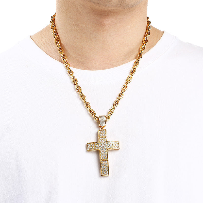 Twist Chain Hip Hop Inlaid With Zircon Double Cross Hollow Pendant Stainless Steel Necklace