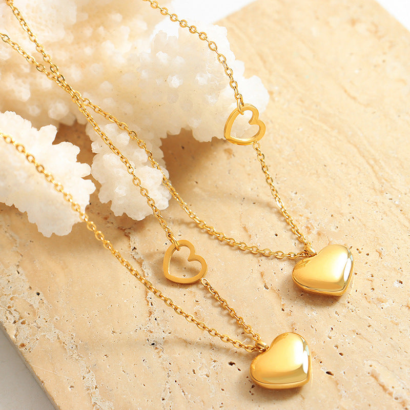 Peach Heart Double Necklace - Elegant 18K Gold Plated Titanium Steel Chain