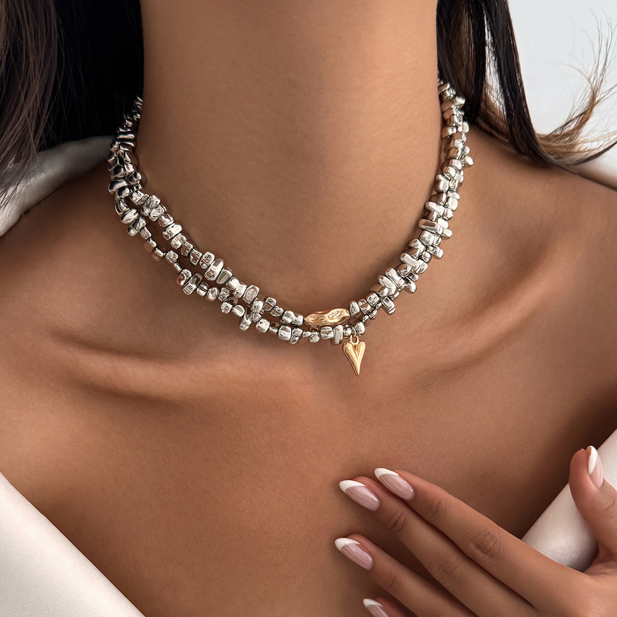 Hammered Heart Mixed-Bead Necklace
