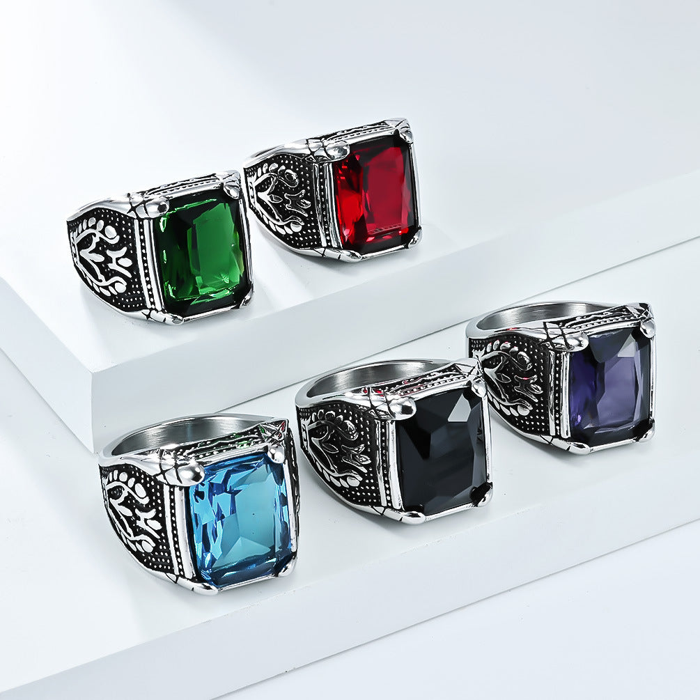 Planderful Men's Titanium Steel Ring With Glass Gem Inlay, European Retro Tulip Design, Bold Fashion Jewelry