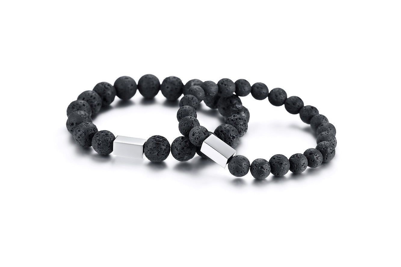 8MM/10MM Volcanic Stone Bracelet with Stainless Steel Square Accessories, Trendy Men's Fashion Bracelet Wholesale for Men