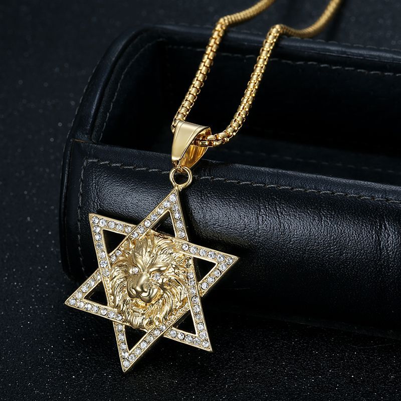 Planderful Everyday Genie Lion Head Hexagram Pendant Necklace Stainless Steel Zircon Unisex Jewelry