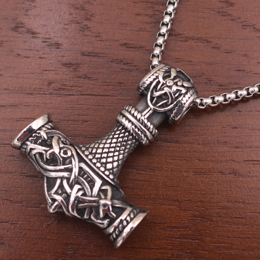 Thor's Hammer Titanium Steel Necklace with Odin Rune Pendant - Men's Nordic Jewelry