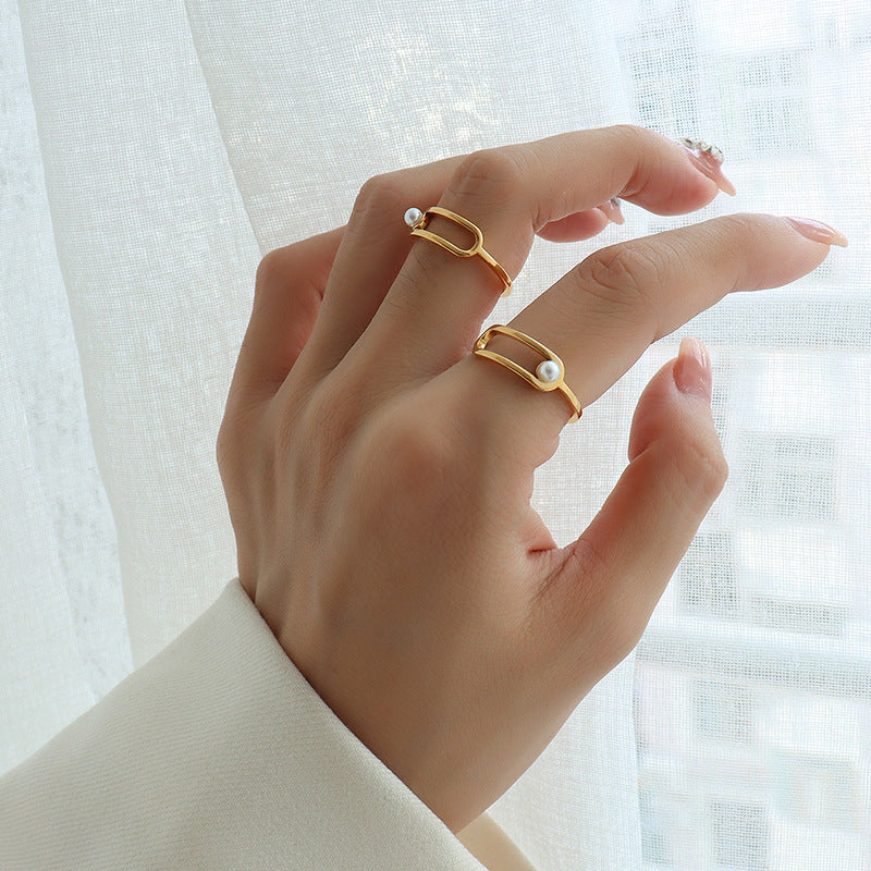 Personalized Geometric Gold-Plated Ring with Imitation Pearl