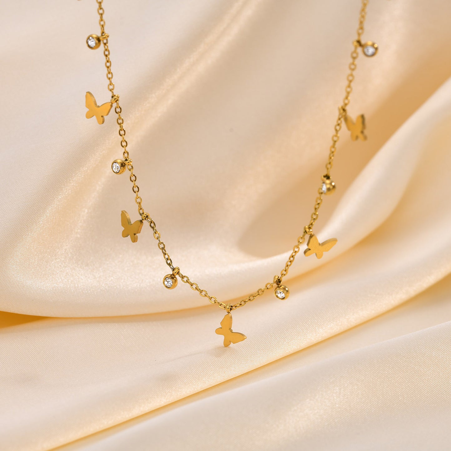 Stainless Steel Bead Chain Butterfly Star Zircon Necklace 18K Gold Wholesale