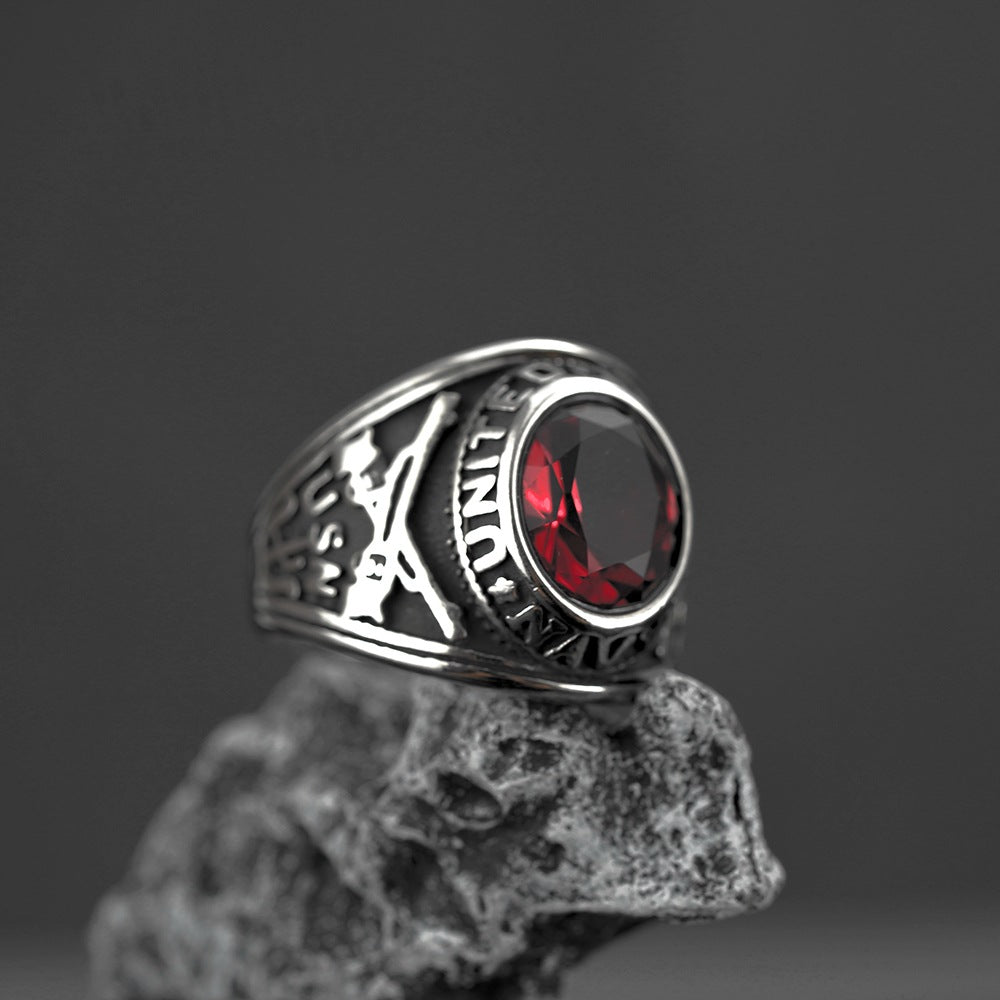European and American Jewelry Wholesale Men's Titanium Steel Ring Retro Hip-Hop Red Stone Ring