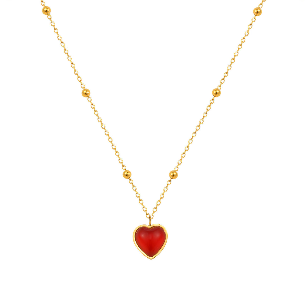 Gangfeng Ladies Delicate Clavicle Chain Stainless Steel Bead Chain Red Resin Heart Necklace
