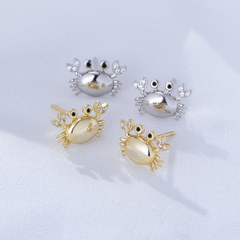925 Sterling Silver Crab Stud Earrings 'S Trendy Inlaid With Zircon Cute Small Earrings