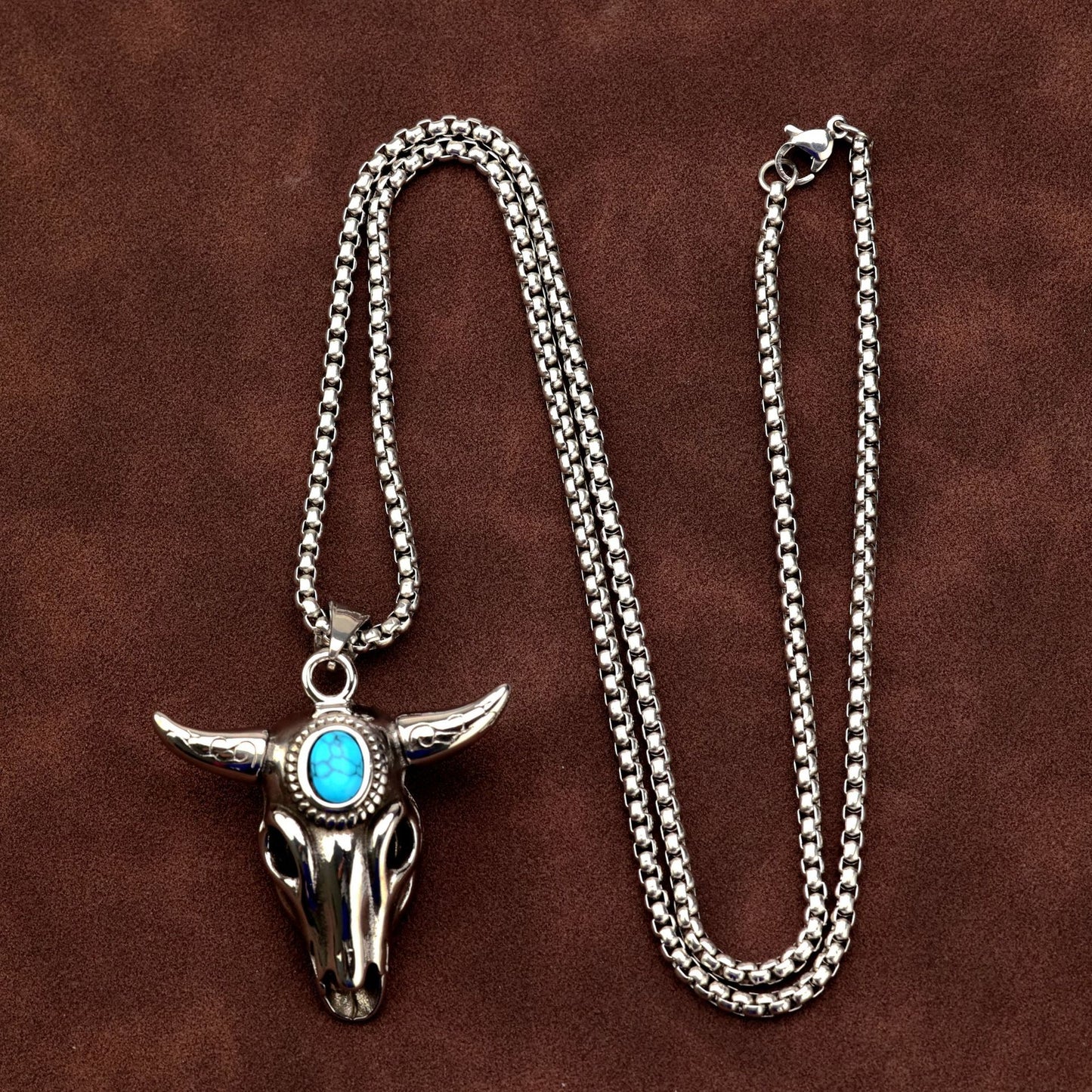 Planderful Ox Head Turquoise Pendant For Men Retro Stainless Steel Zodiac Necklace