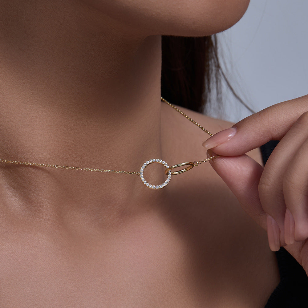 S925 Sterling Silver Personality Inlaid Zircon Circle Double Ring Interlocking Necklace