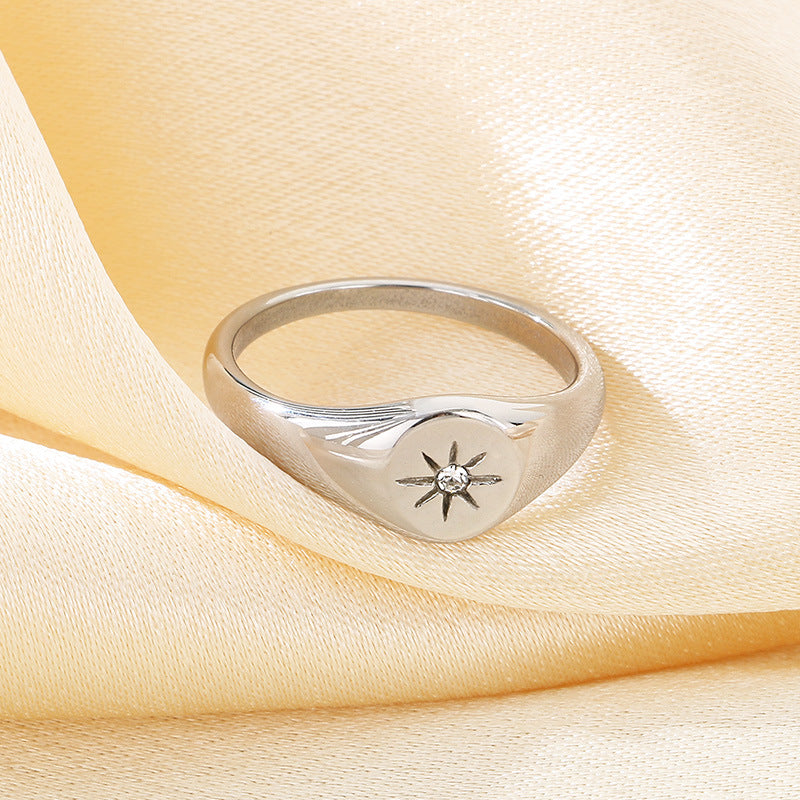 Minimalist Stylish Oval Glossy Zircon Octagram Ring Women's Stainless Steel 18k Gold-Plated Ring