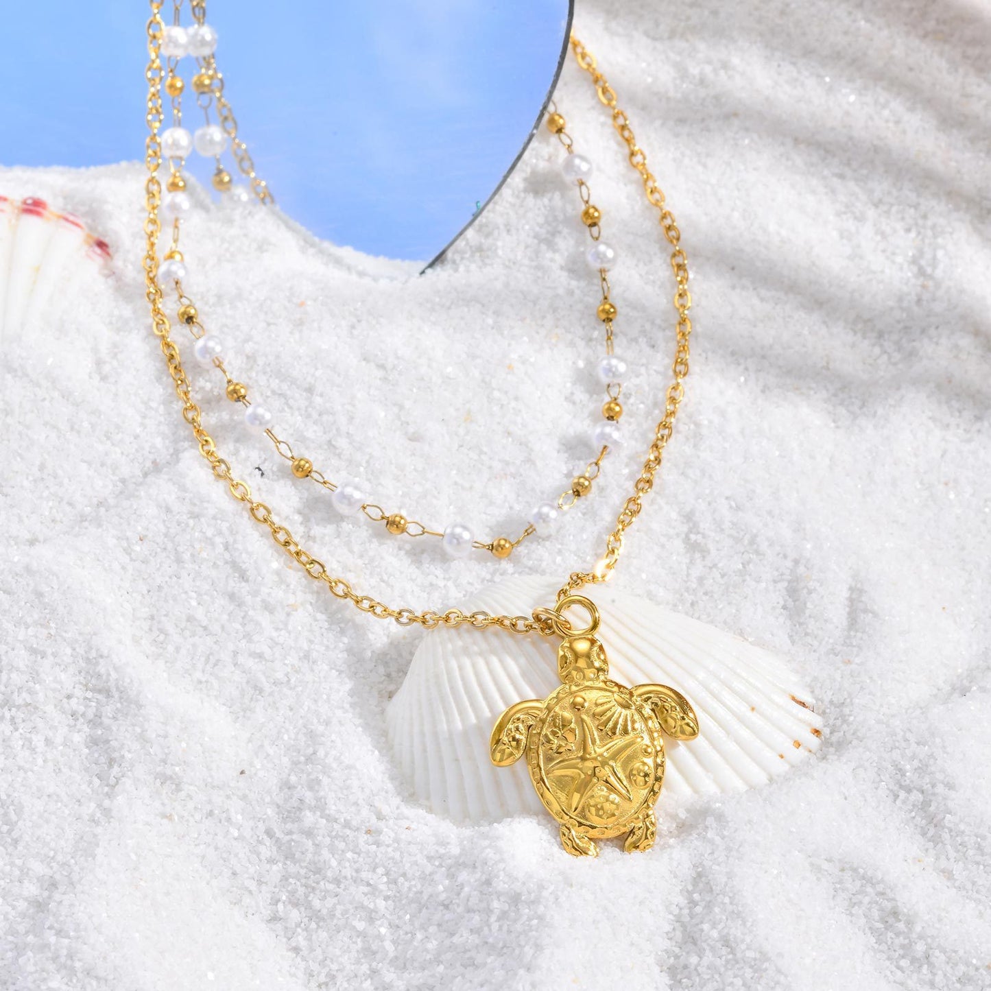 Summer Seaside Ocean Wind Stainless Steel Turtle Imitation Pearl Double Layer Necklace